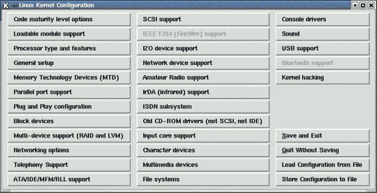 The graphical interface for defining your Linux kernel after the command 'make xconfig'.