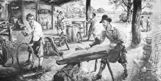 [Illustration: The Jamestown cooper was a busy craftsman. Many barrels, hogsheads, and casks were needed in the colony, and large quantities of barrel staves were made for shipping to England. (Painting by Sidney E. King.)]