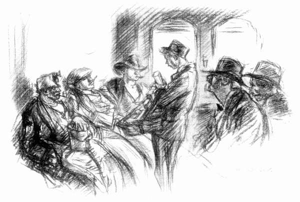 A shaggy, unshaven, rawboned man, gray-haired and collarless, sat near the window and uttered convincing imitations
of the sounds made by chickens, roosters, pigs, goats and crows