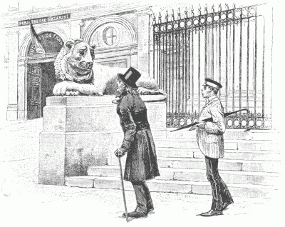 AN "IMMORTAL" AT THE ENTRANCE TO THE INSTITUT DE FRANCE. After a drawing by mile Bayard.