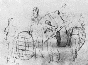 c. Hidatsa group with bull-boats. At Fort Berthold, July 13, 1851

FROM KURZ'S SKETCHBOOK