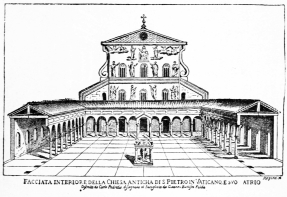 FACCIATA INTERIORE DELLA CHIESA ANTICHA DI S. PIETRO IN
VATICANO, E SVO ATRIO

Descritta de Carlo Padredio disegnata et intagliata da Giovanni Battista
Falde

Faade intrieure de l'ancienne glise Saint-Pierre au Vatican.