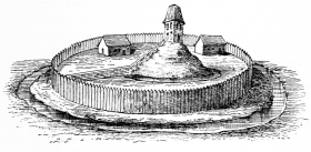 Chteau du Xe sicle, sur sa motte, avec enceinte en
palissades de bois. D'aprs l'Abcdaire d'archologie de H. de
Caumont, Architecture militaire, p. 393.