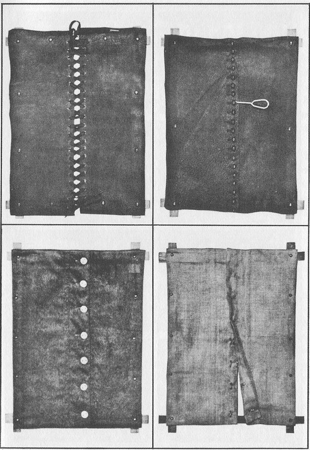 (A) LACING. (B) SHOE BUTTONING. (C) BUTTONING OF OTHER GARMENTS.
(D) HOOKS AND EYES.  Frames illustrating the different processes of dressing and
undressing.