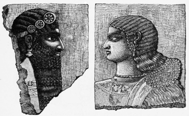 Fig. 70.—Fragments of Reliefs from Nimrud. (British
Museum.)