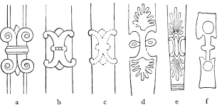 Fig. 81.—Spiral Ornaments upon Chairs.

a. From an Assyrian Relief. b. From the Vicinity of Miletos. c.
From Xanthos. d, e, f. From Paintings upon Greek Vases.