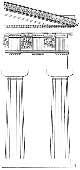 Fig. 136.—Corner Elevation of the Middle Temple of the
Acropolis of Selinous. Restoration.