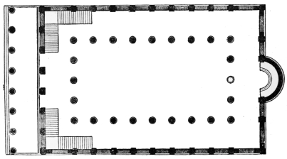 Fig. 288.—Plan of the Primitive Roman Basilica.
Restoration by Reber.