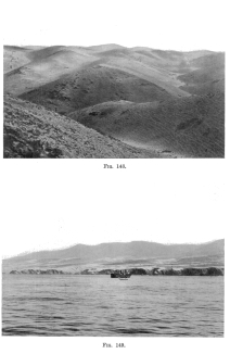 Fig. 148—The Coast Range between Mollendo and Arequipa
at the end of June, 1911. There is practically no grass and only a few
dry shrubs. The fine network over the hill slopes is composed of
interlacing cattle tracks. The cattle roam over these hills after the
rains which come at long intervals. (See page 141 for description of the
rains and the transformations they effect. For example, in October,
1911, these hills were covered with grass.)