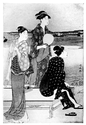 KIYONAGA: TWO WOMEN AND A TEA-HOUSE WAITRESS BESIDE THE
SUMIDA RIVER.