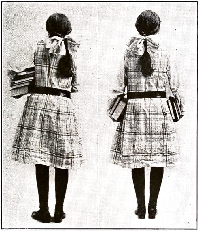 A girl holding incorrectly
holding books contrasting with a girl holding books correctly