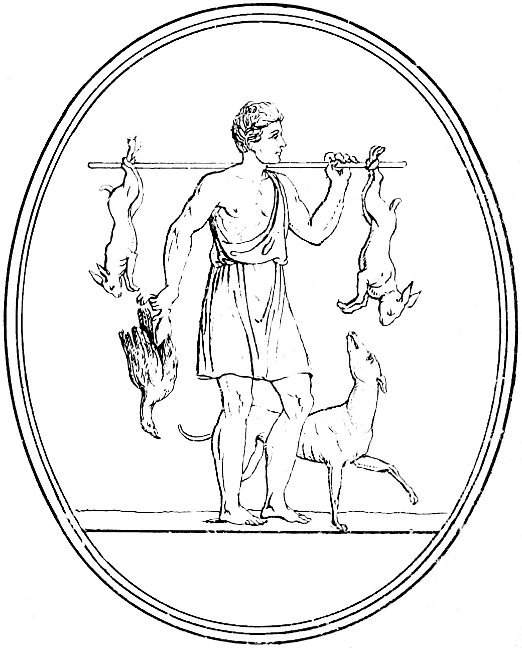 Hunter bearing spoils of the Chace (hares and a bird): Ancient gem