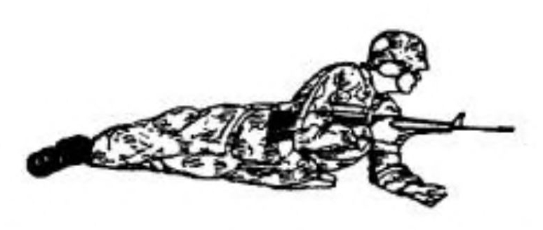 Sketch of a soldier in camouflage lying on his left side, resting on his left forearm, looking left, holding rifle in right arm in preparation for shooting.