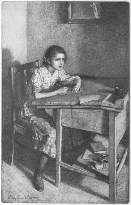 sketch: Girl seated at school desk, holding a pen and paper, staring intently forward.